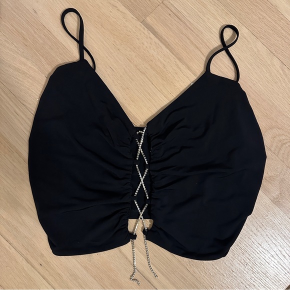 Black Rhinestone Lace-up Crop Top - Picture 2 of 3